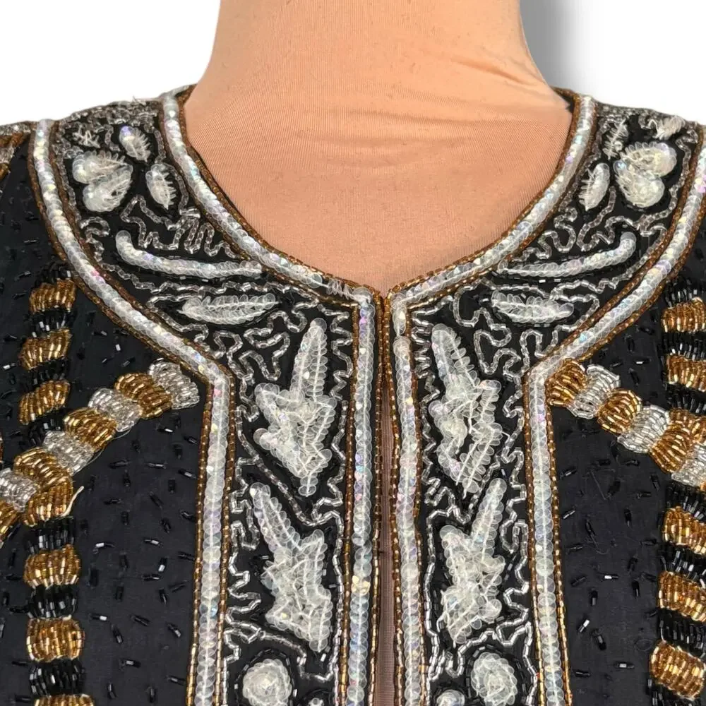 Vintage Silk Beaded Jacket‎ Black Gold 80s Luxury XL Maximalist Power Dressing